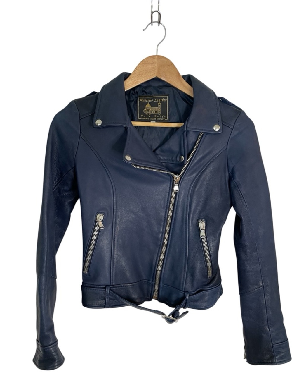 Women’s Navy Blue Massimo Leather Jacket W/ Zipper Detail Size 40 US Size 4